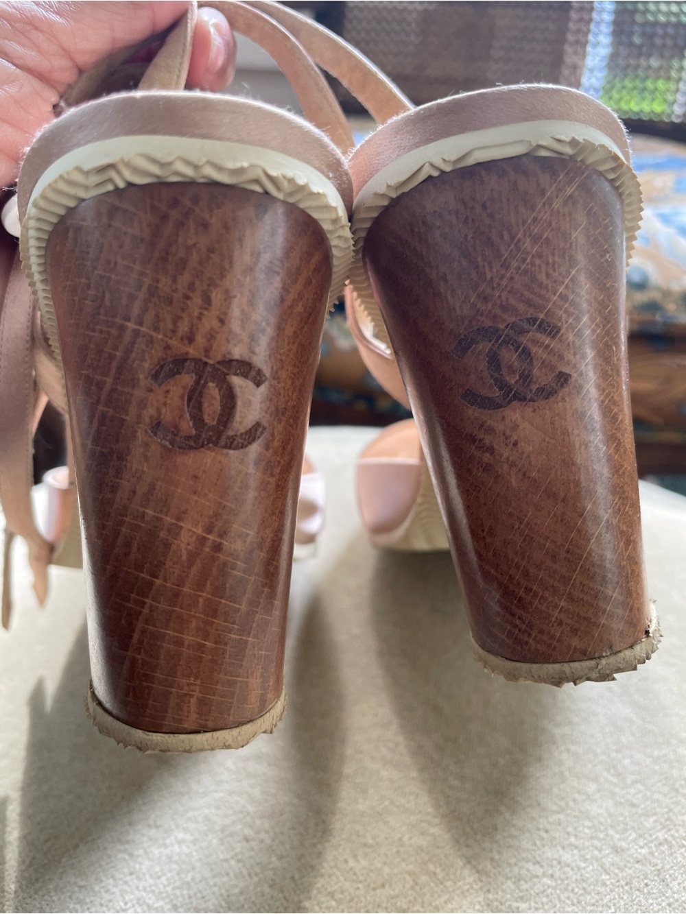 CHANEL Blush Satin Block-Heel Sandals - Picture 6 of 12